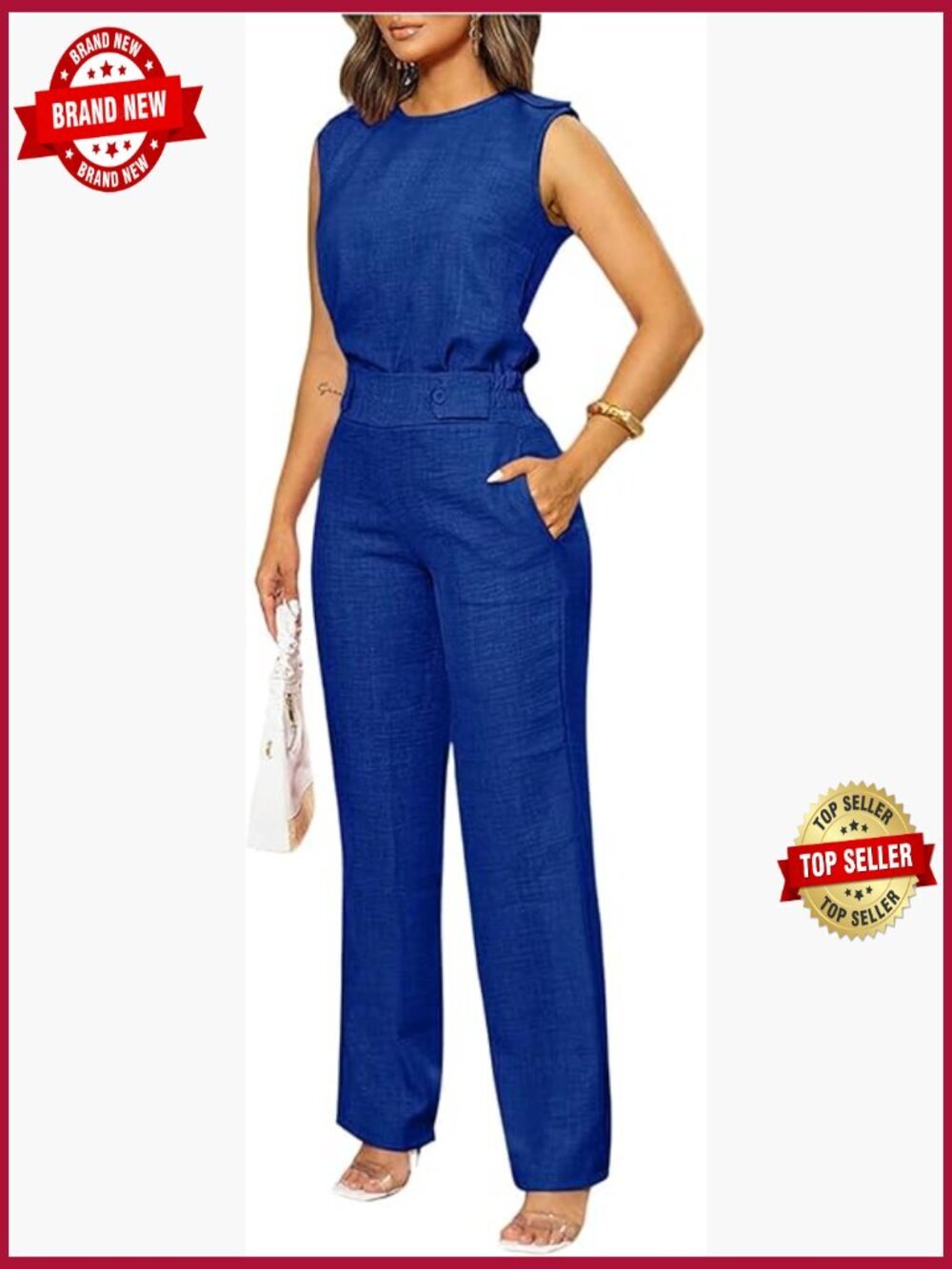 2 Piece Dressy Set - Crew Neck Sleeveless Blouse & Elegant Pants